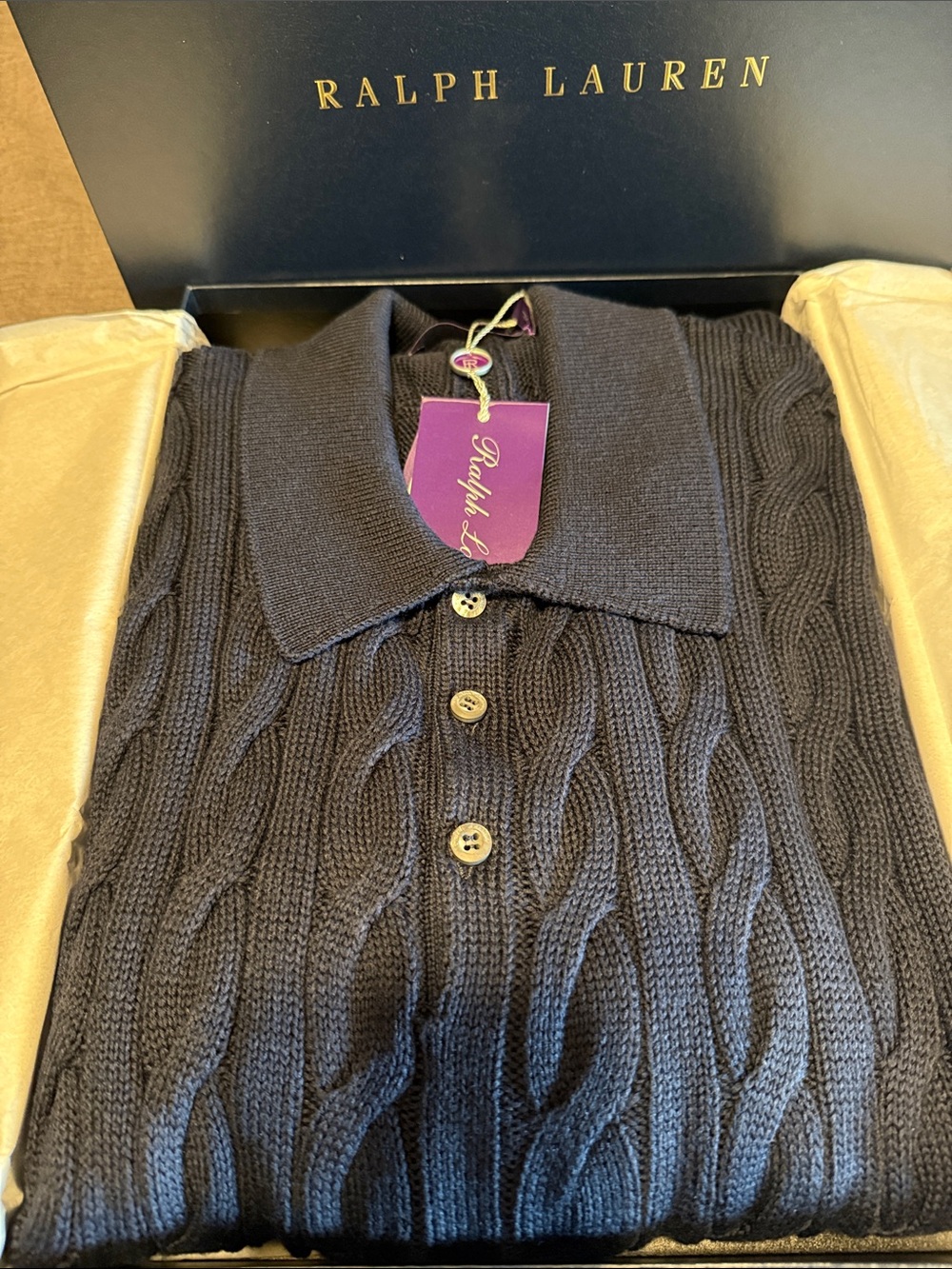 Ralph Lauren Purple Label Navy Cable-Knit Polo Cardigan